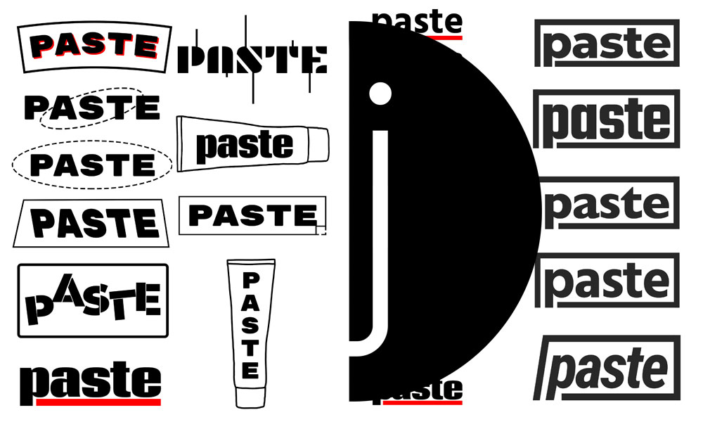 A white photo showing different simplistic designs for the word Paste, many playing off the idea of a tube of paste or copying and pasting. There is also a half smiley face.