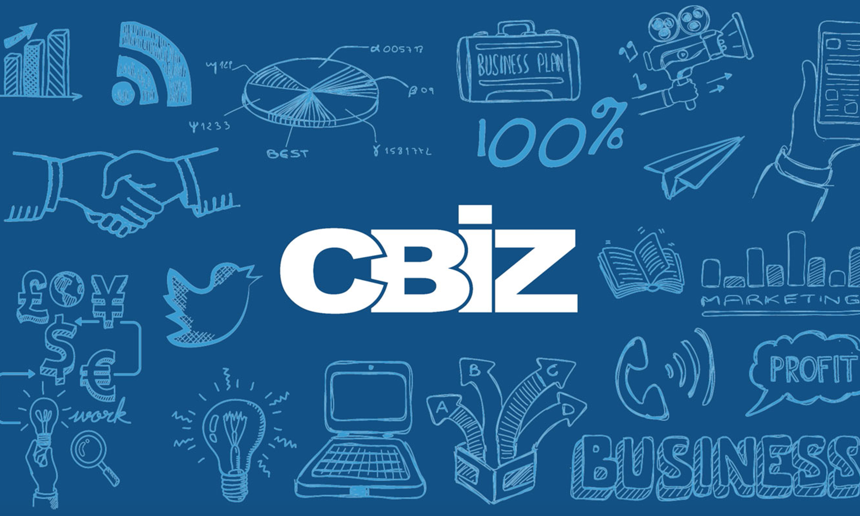 The word CBIZ in white on a blue background with various business and social media related icons in the background.