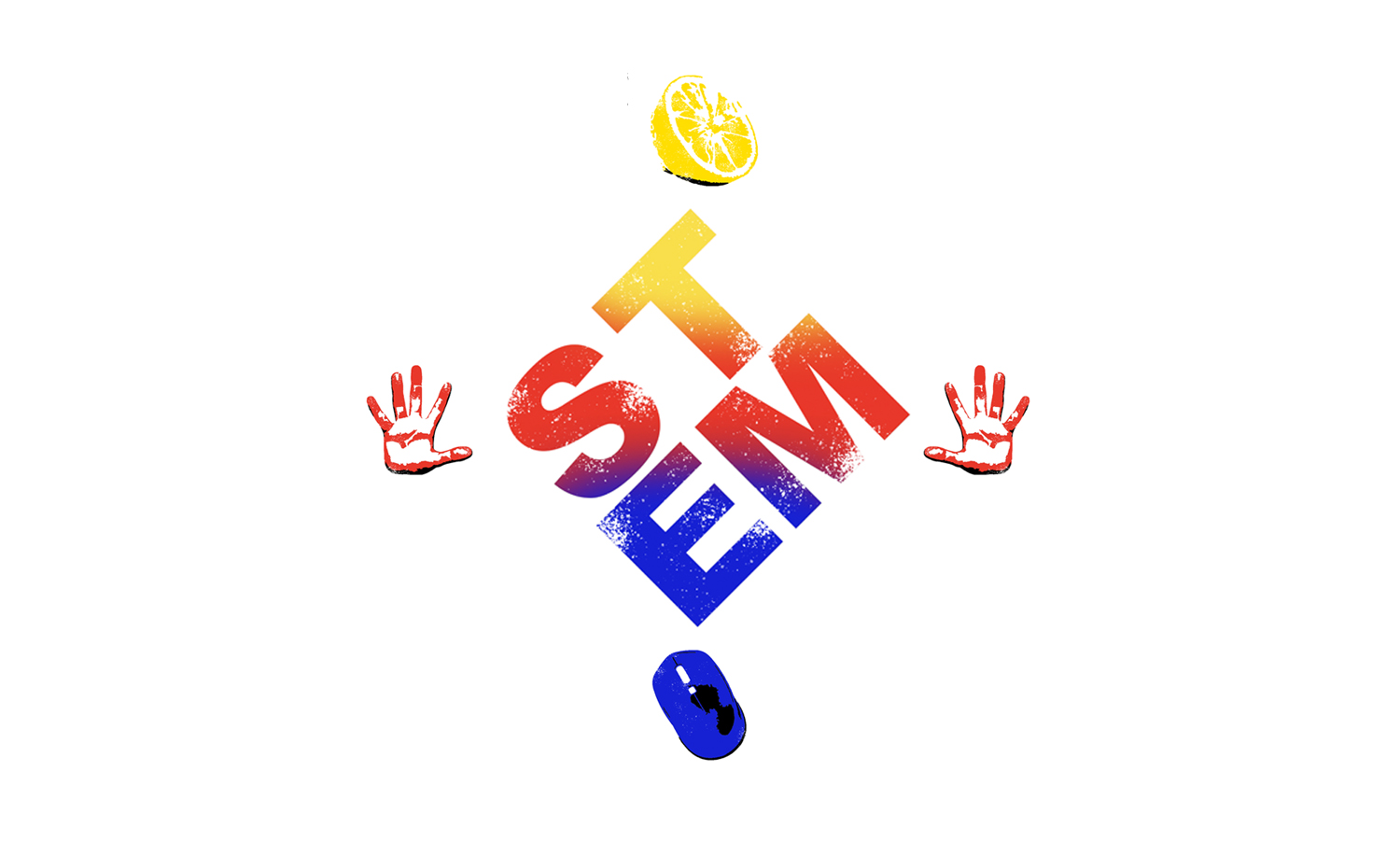 A white photo showing a yellow lemon, two red hands, and a blue computer mouse with the word stem in the middle meant to look spraypainted.