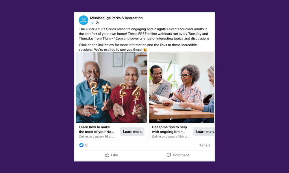 Photo of carousel ad on Mississauga Parks and Recreations Facebook page for their digital older adult programming. The screenshot is on a eggplant coloured background.