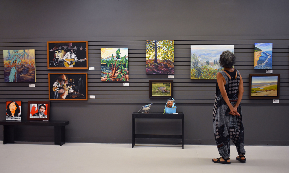 A photo of a woman in a black and grey dress looking at colourful paintings and assorted art pieces on a wall. This photo is meant to showcase my photography.