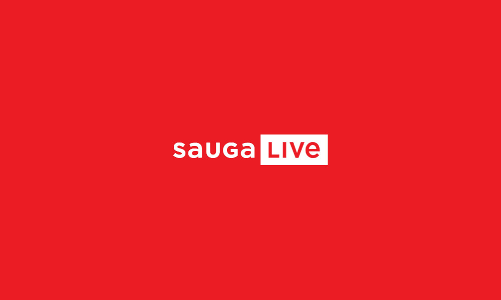 Logo for the SaugaLIVE brand consisting of the word sauga in white and live in red in a white box. The logo is on a red background.