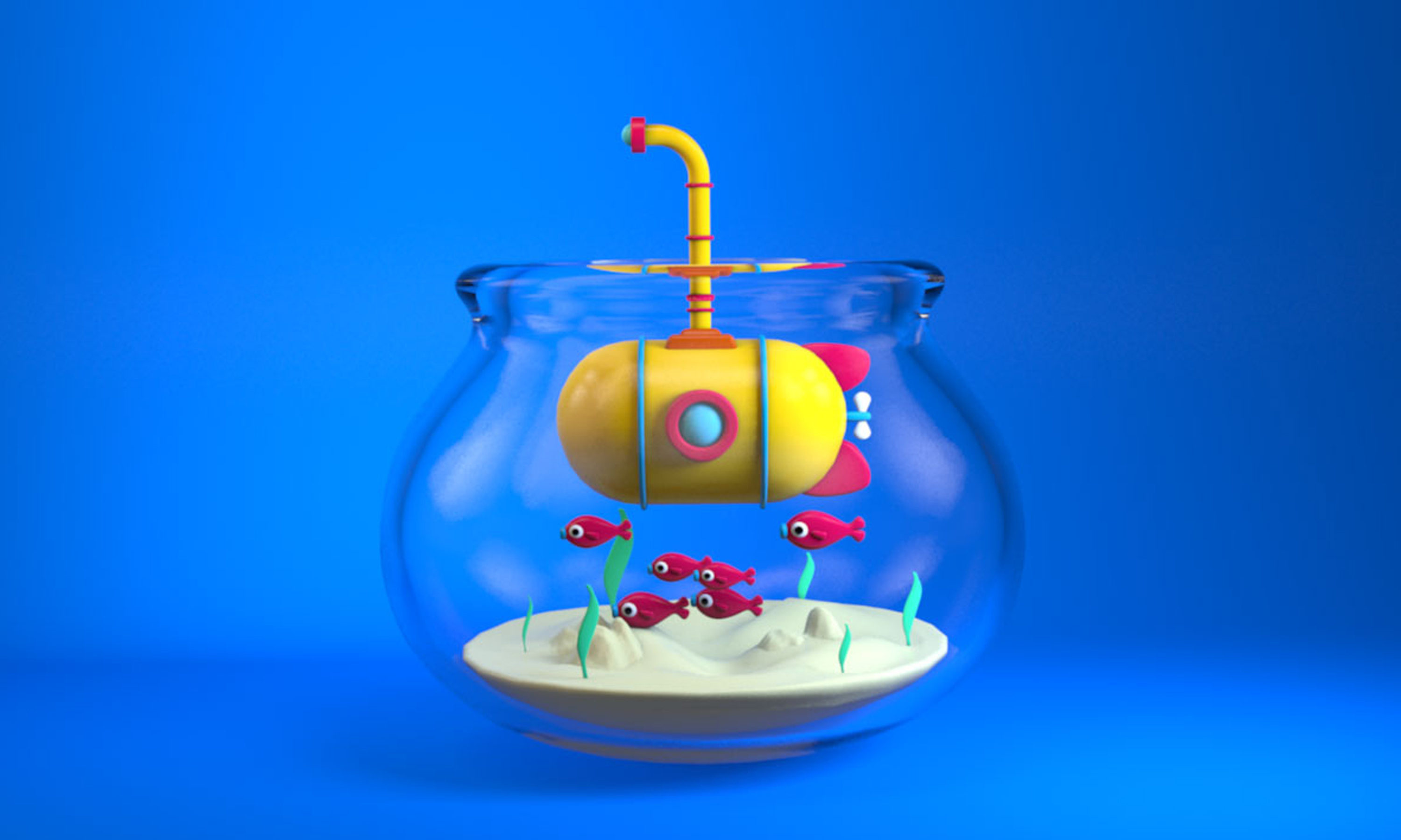 A photo of a rendered animation depicting a toy submarine, some fish, seaweed, and some sand in a glass bowl. This photo is meant to showcase the types of projects in my video reel.